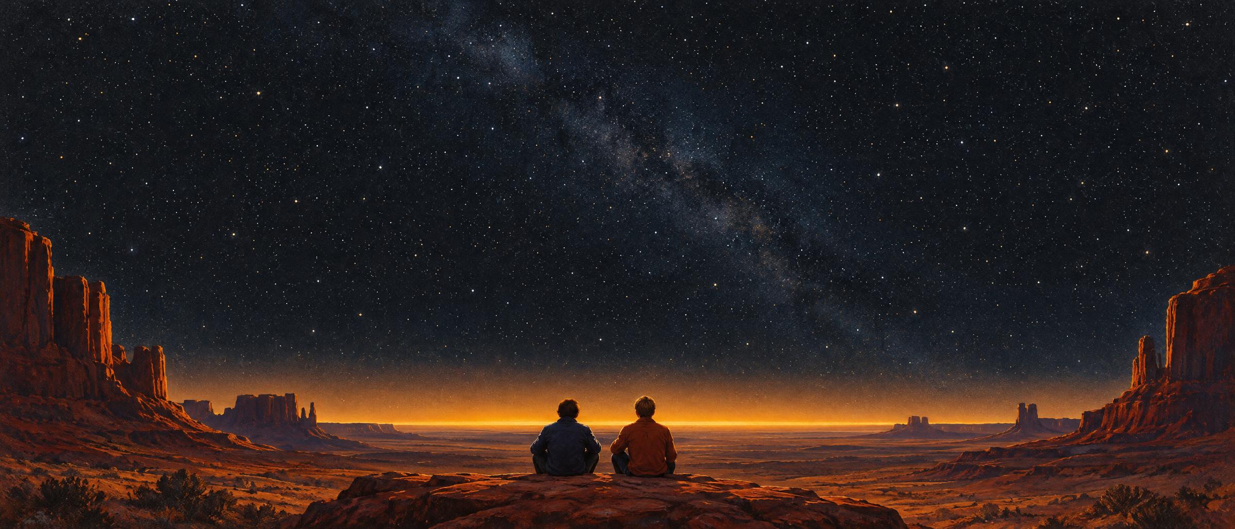 Painting of two people sitting on a desert ledge at night, looking out at an amber glow along the horizon