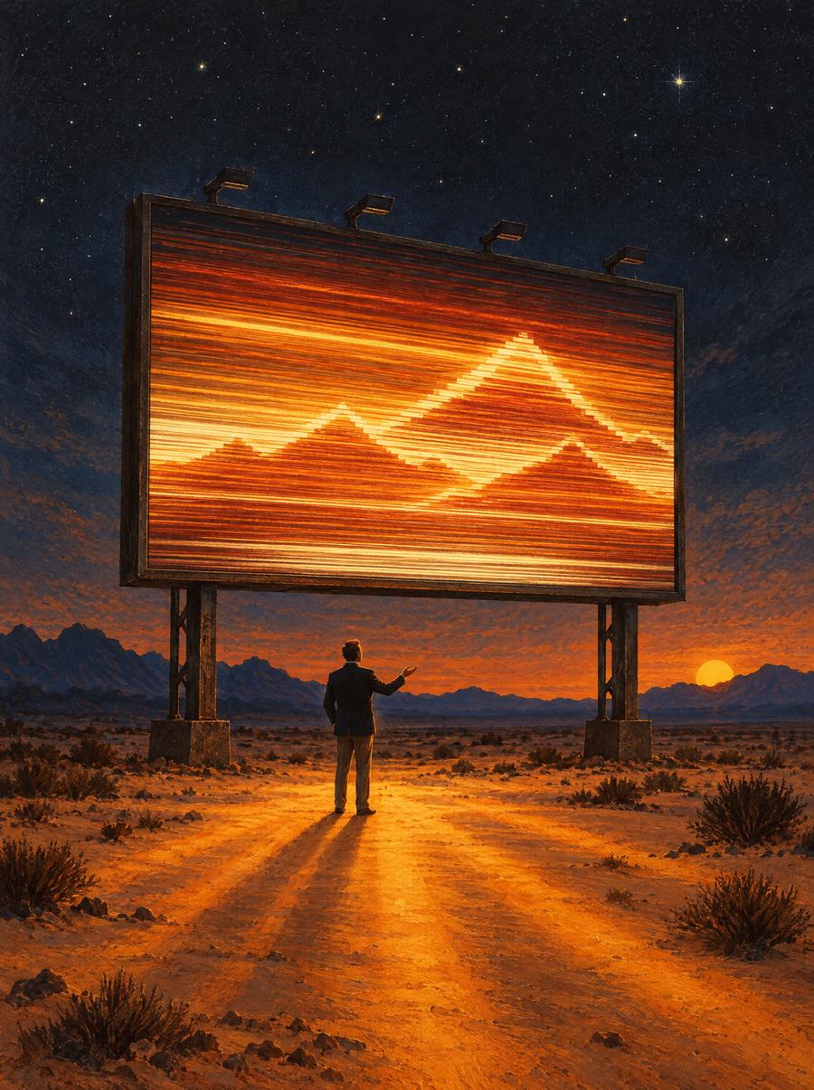 Painting of a man in a blazer presenting in front of a desert billboard filled with streaming amber light