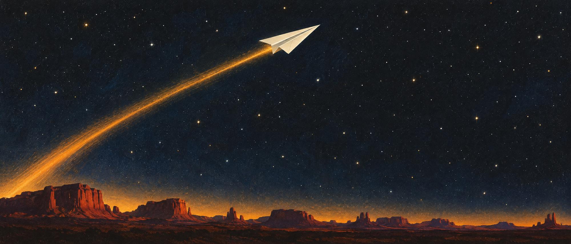 Painting of a paper aeroplane trailing amber light across a starry desert sky