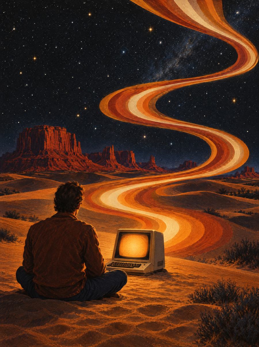 Painting of a man sitting in the desert at night in front of an old computer terminal, ribbons of amber light pouring from the screen into the sky